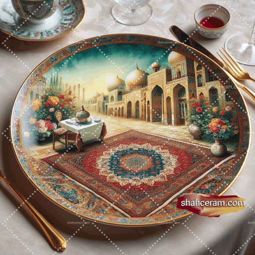 Printing-traditional-Iranian-carpet-and-castle-on-a-plate